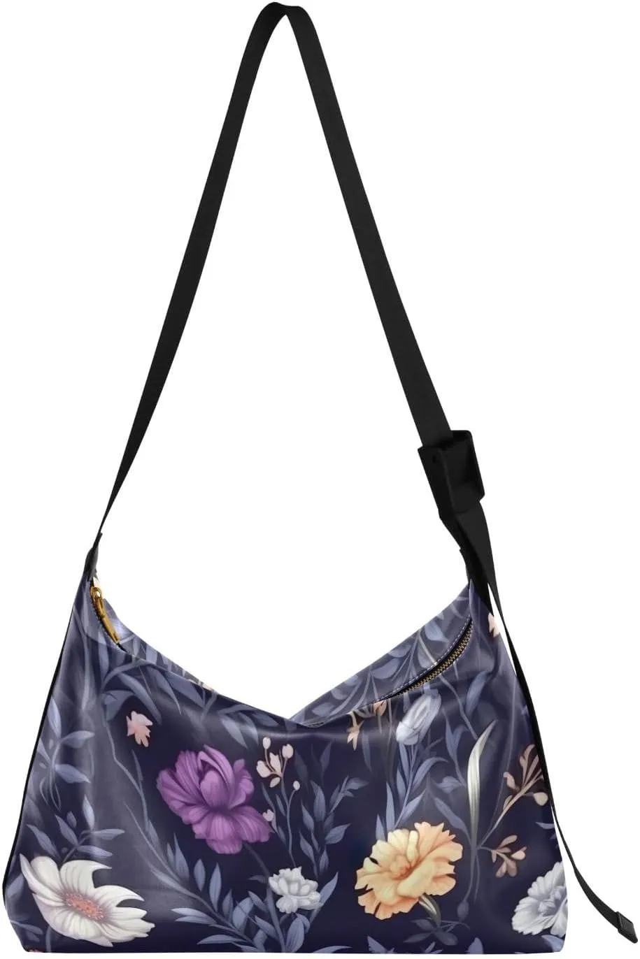 Flowers Purple White Tote Bag for Women Large Hobo Bags Leather Crossbody Bags Hobo Purses with Adjustable Strap for Travel