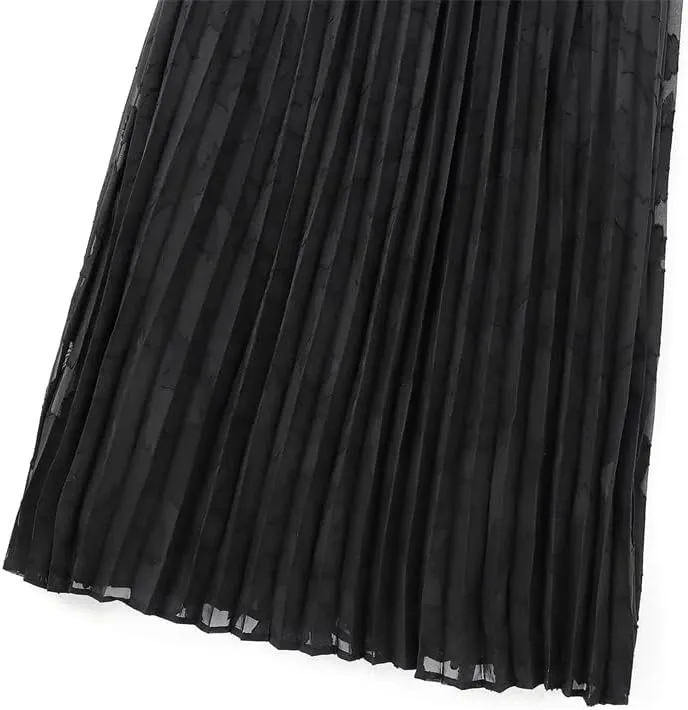Fnfmrfmr Womens Textured Lastic High Waist Pleated Midi Skirt Black Flowy A-Line Casual Skirt