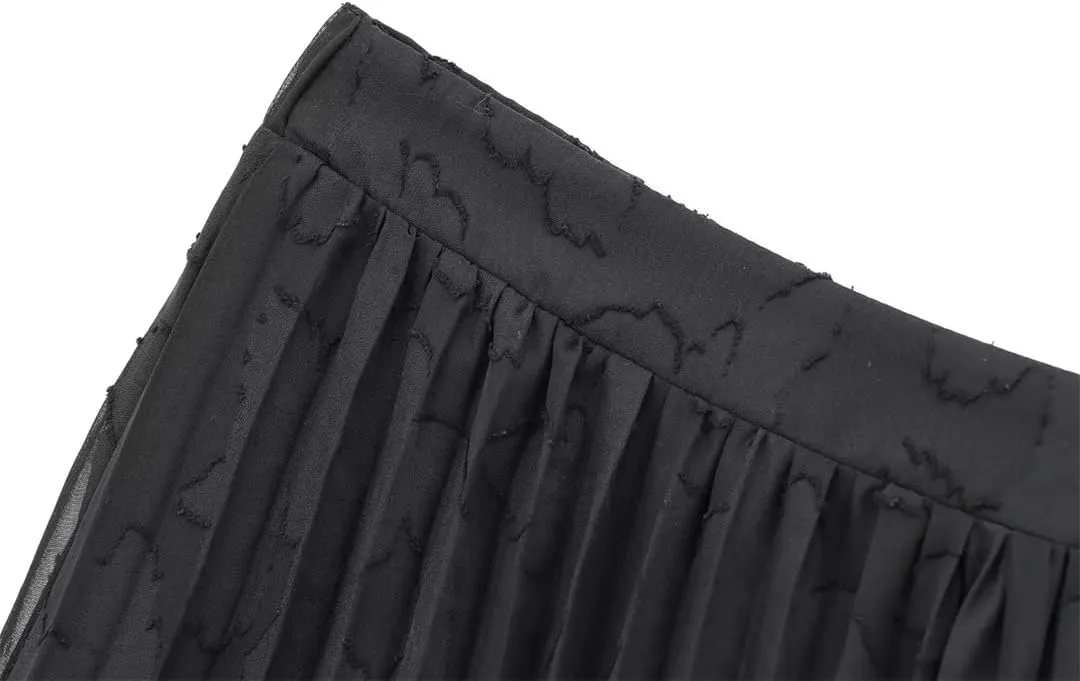 Fnfmrfmr Womens Textured Lastic High Waist Pleated Midi Skirt Black Flowy A-Line Casual Skirt