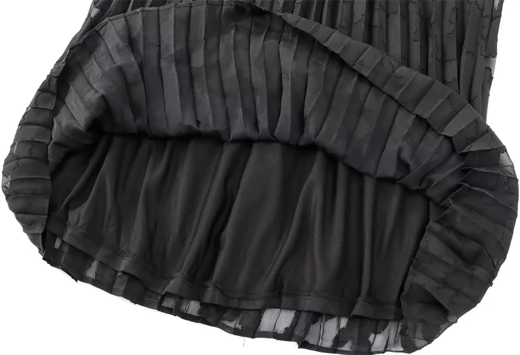 Fnfmrfmr Womens Textured Lastic High Waist Pleated Midi Skirt Black Flowy A-Line Casual Skirt
