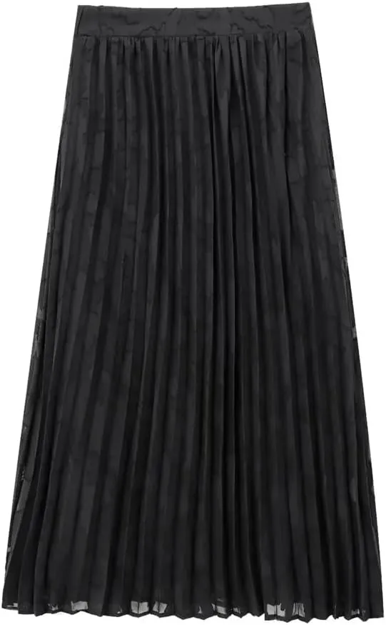 Fnfmrfmr Womens Textured Lastic High Waist Pleated Midi Skirt Black Flowy A-Line Casual Skirt