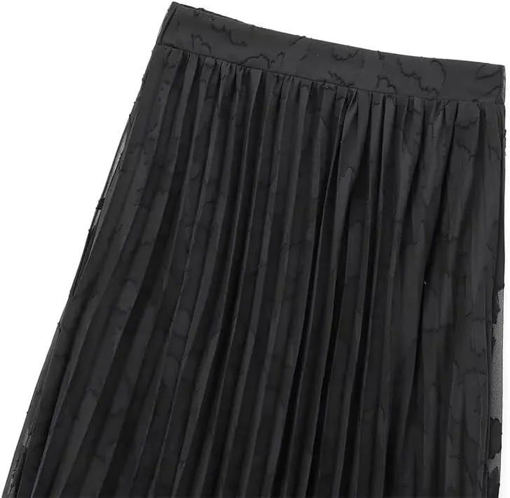 Fnfmrfmr Womens Textured Lastic High Waist Pleated Midi Skirt Black Flowy A-Line Casual Skirt