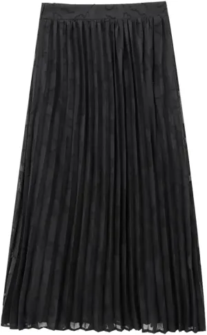 Fnfmrfmr Womens Textured Lastic High Waist Pleated Midi Skirt Black Flowy A-Line Casual Skirt