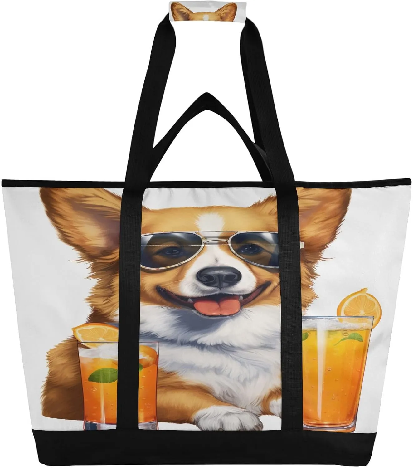 Funny Cat Dog Tote Bag for Women with Zipper Reusable Grocery Bags Foldable Insulated Cooler Bag Handbags Shopping Bags Totes for Groceries Travel Beach Work Picnic