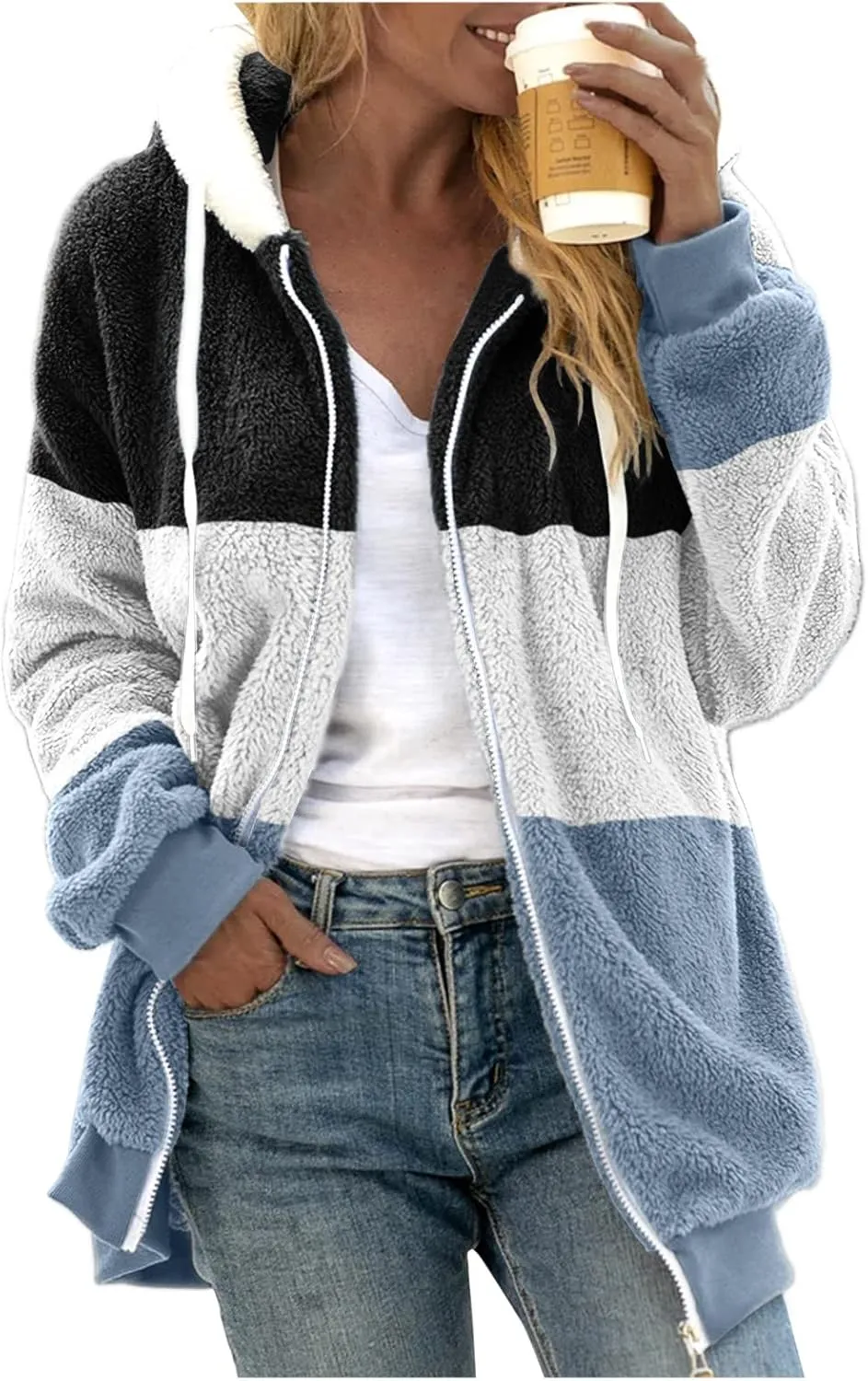 Fuzzy Fleece Jacket Women Plus Size Warm Winter Coats Fluffy Sherpa Hoodie Zip up Casual Cardigan Sweater Outerwear