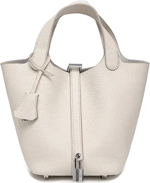 Genuine Leather Soft Bucket Bag for Women Fashion Lock Design Handbags Vegetable Basket Satchel with Top Handle Bags