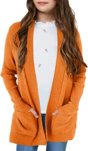 Girls Long Sleeve Casual Cardigan Kids Open Front Soft Knit Oversized Sweater with Pockets
