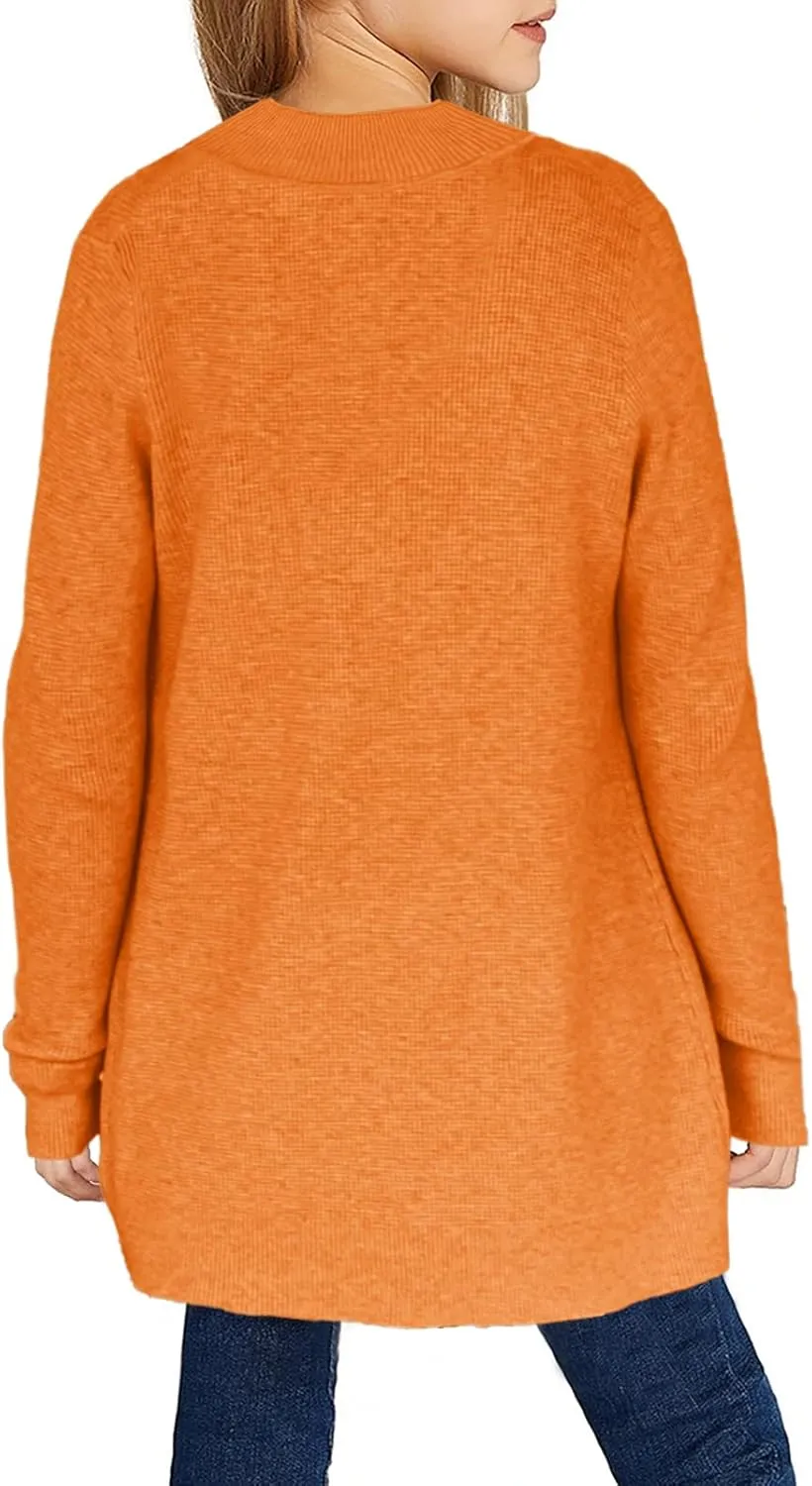 Girls Long Sleeve Casual Cardigan Kids Open Front Soft Knit Oversized Sweater with Pockets
