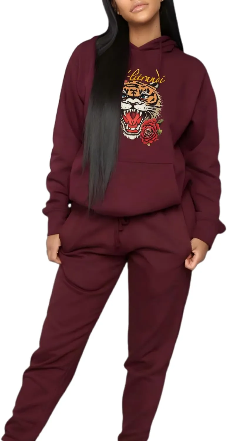 Glitrandi Womens 2 Piece Outfits Sweatsuit Sets Fashion Print Hoodies With Sweatpants Oversized Tracksuit For Women