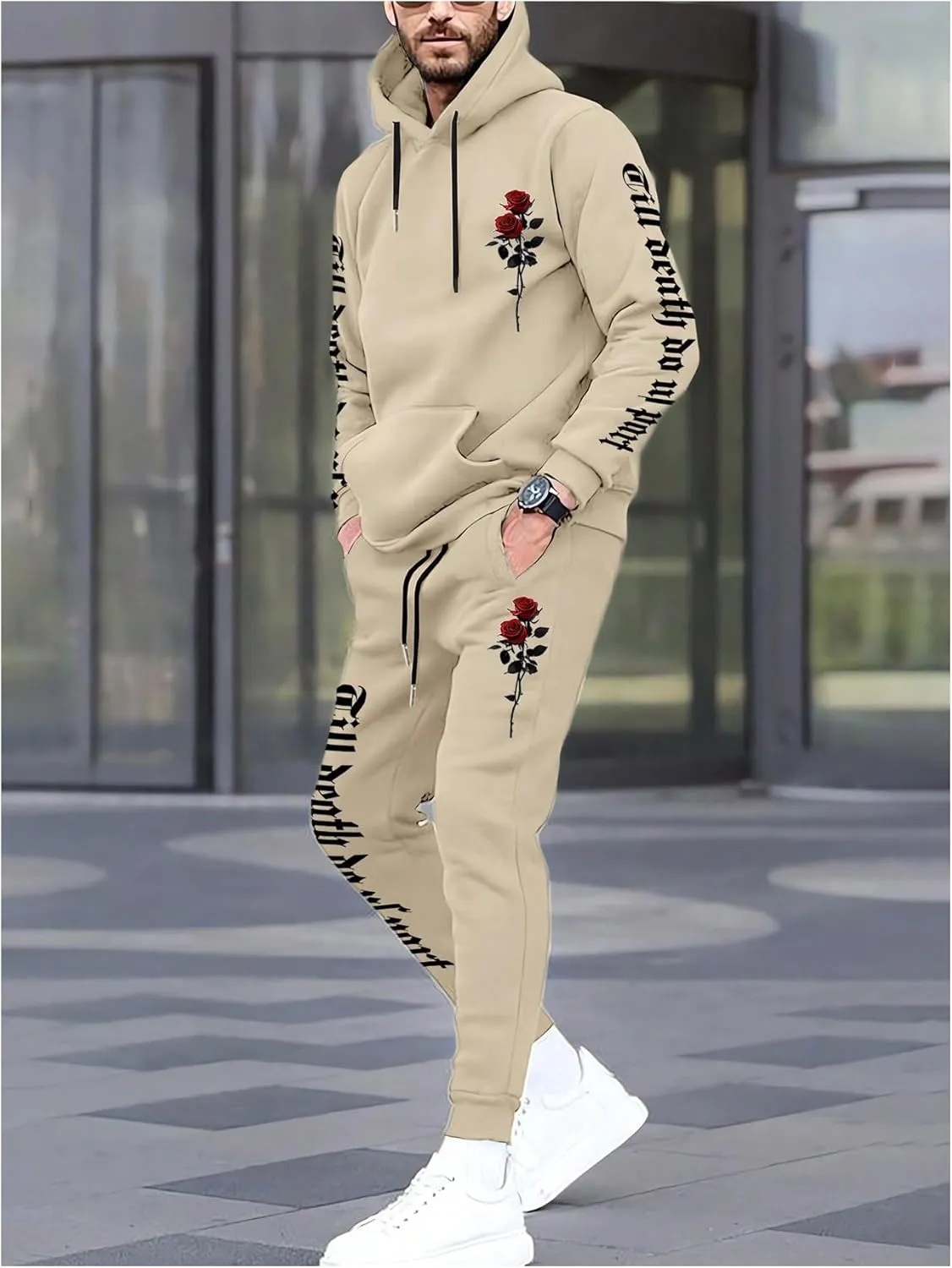 GORGLITTER Men's 2 Piece Sweatsuits Floral Letter Graphic Hoodie Sweatshirt Sweatpants Set Tracksuit