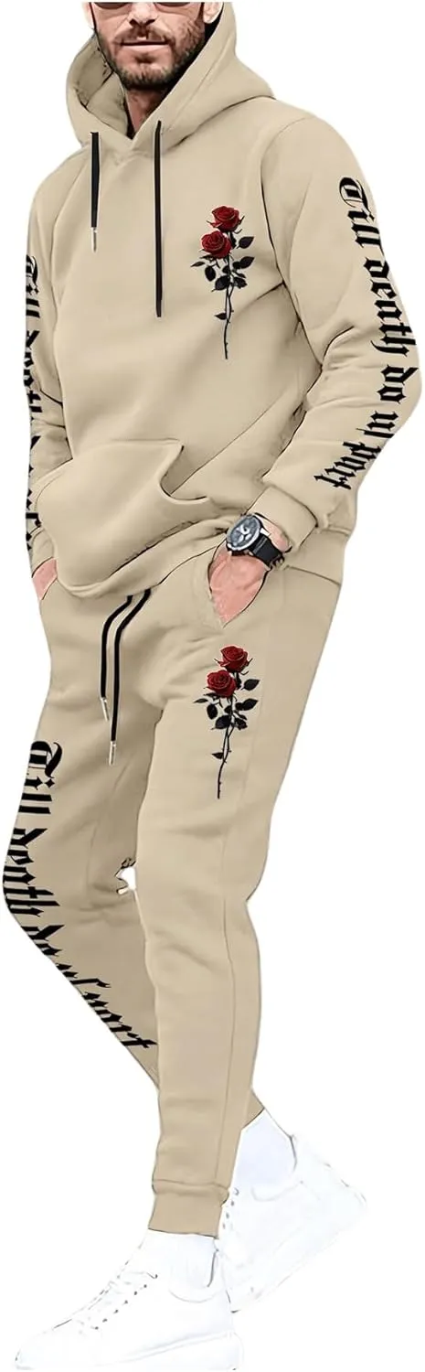 GORGLITTER Men's 2 Piece Sweatsuits Floral Letter Graphic Hoodie Sweatshirt Sweatpants Set Tracksuit