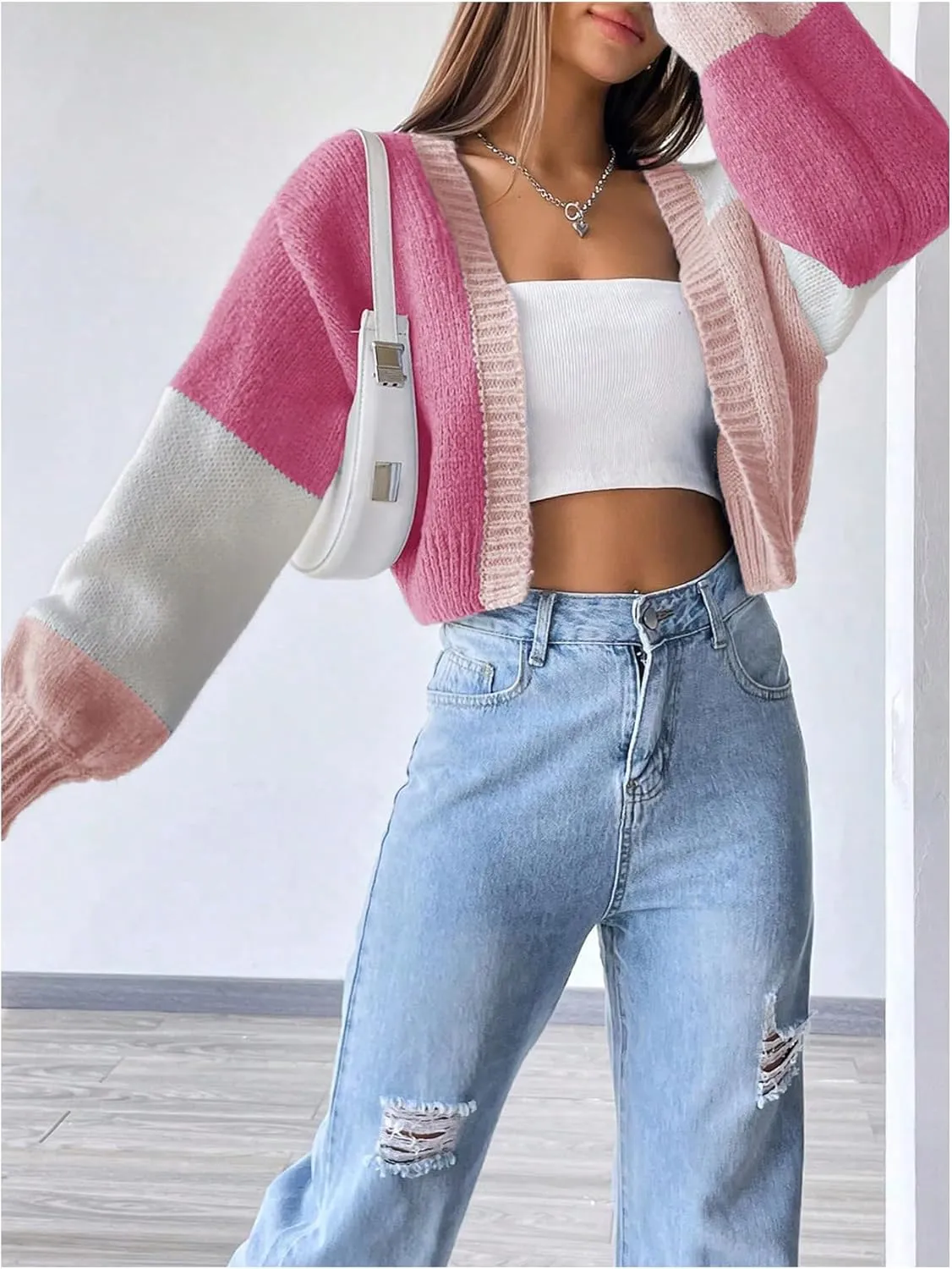 GORGLITTER Women's Colorful Open Front Cardigan Sweater Color Block Long Sleeve Drop Shoulder Cropped Knit Cardigan