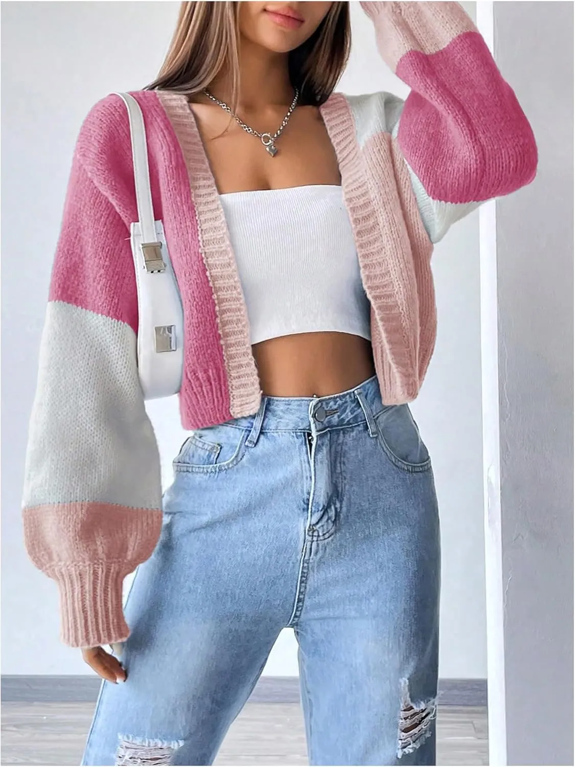 GORGLITTER Women's Colorful Open Front Cardigan Sweater Color Block Long Sleeve Drop Shoulder Cropped Knit Cardigan