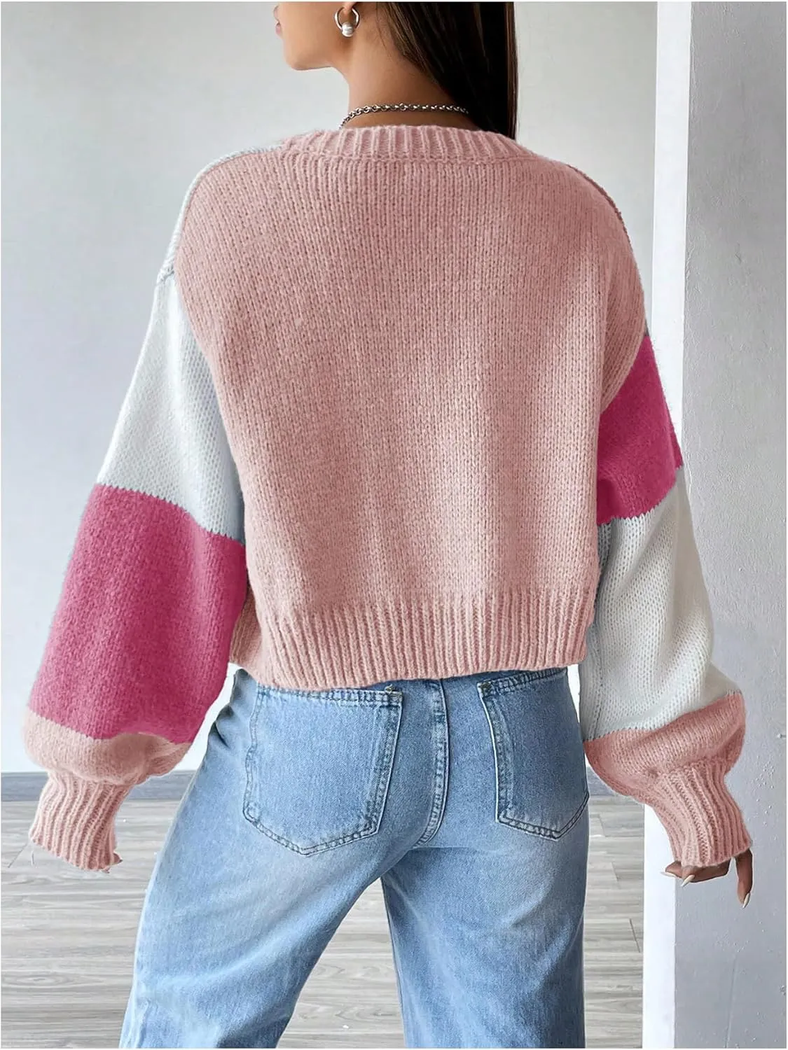 GORGLITTER Women's Colorful Open Front Cardigan Sweater Color Block Long Sleeve Drop Shoulder Cropped Knit Cardigan