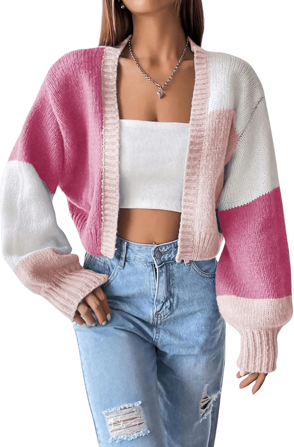 GORGLITTER Women's Colorful Open Front Cardigan Sweater Color Block Long Sleeve Drop Shoulder Cropped Knit Cardigan