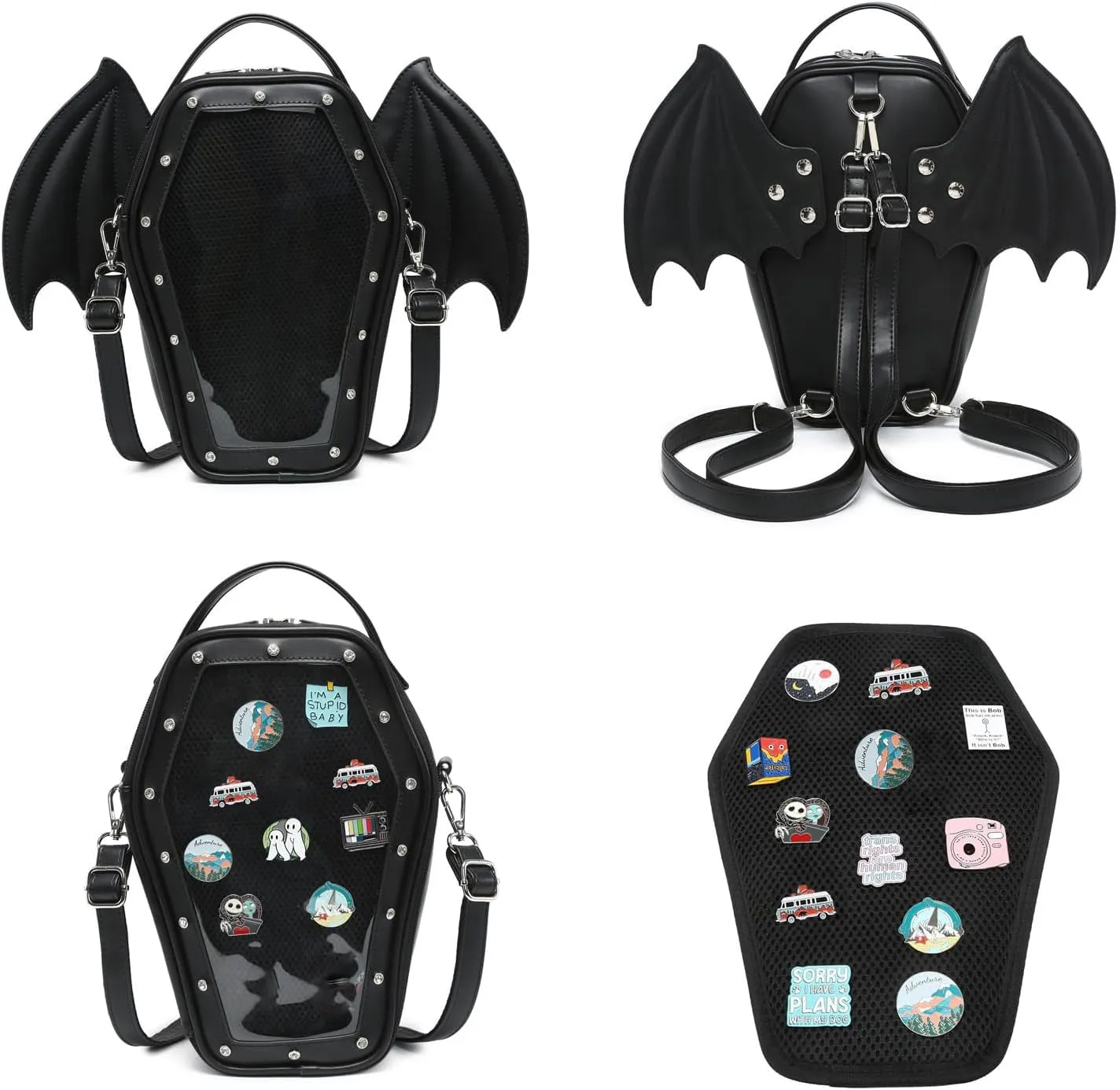 Gothic Coffin Shape Fashion Ita Bag Backpack Halloween Shoulder Bag, Detachable wings Purses Handbags