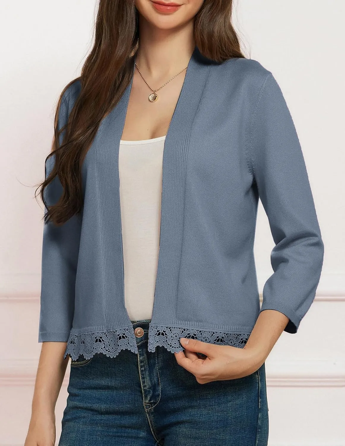 GRACE KARIN Women 3/4 Sleeve Cropped Cardigan Open Front V Neck Lace Lightweight Bolero Short Shrugs 2025 Summer