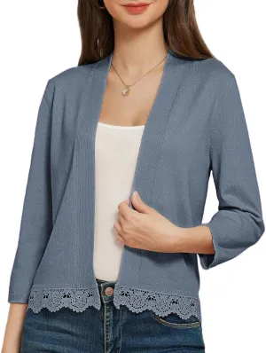 GRACE KARIN Women 3/4 Sleeve Cropped Cardigan Open Front V Neck Lace Lightweight Bolero Short Shrugs 2025 Summer