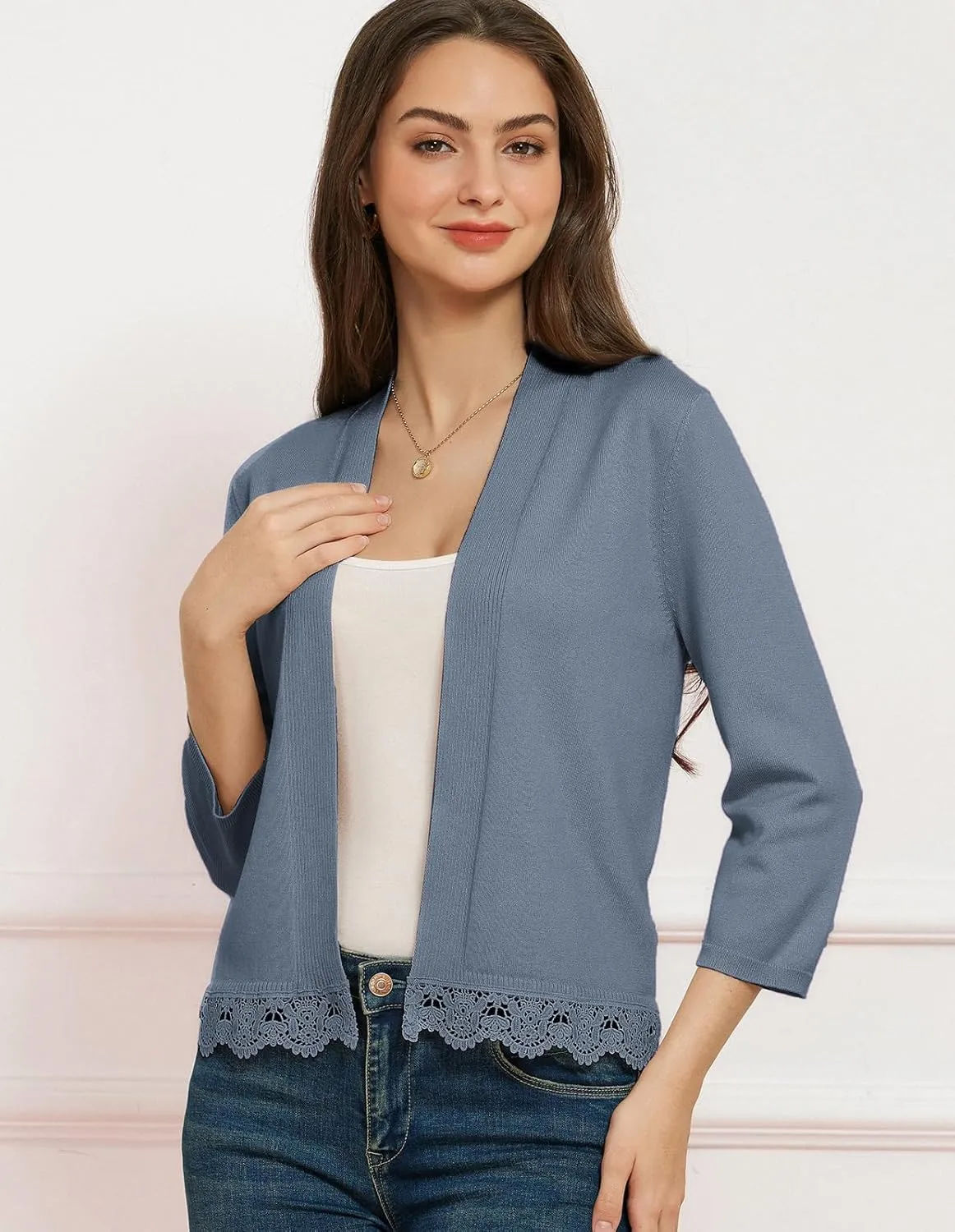GRACE KARIN Women 3/4 Sleeve Cropped Cardigan Open Front V Neck Lace Lightweight Bolero Short Shrugs 2025 Summer