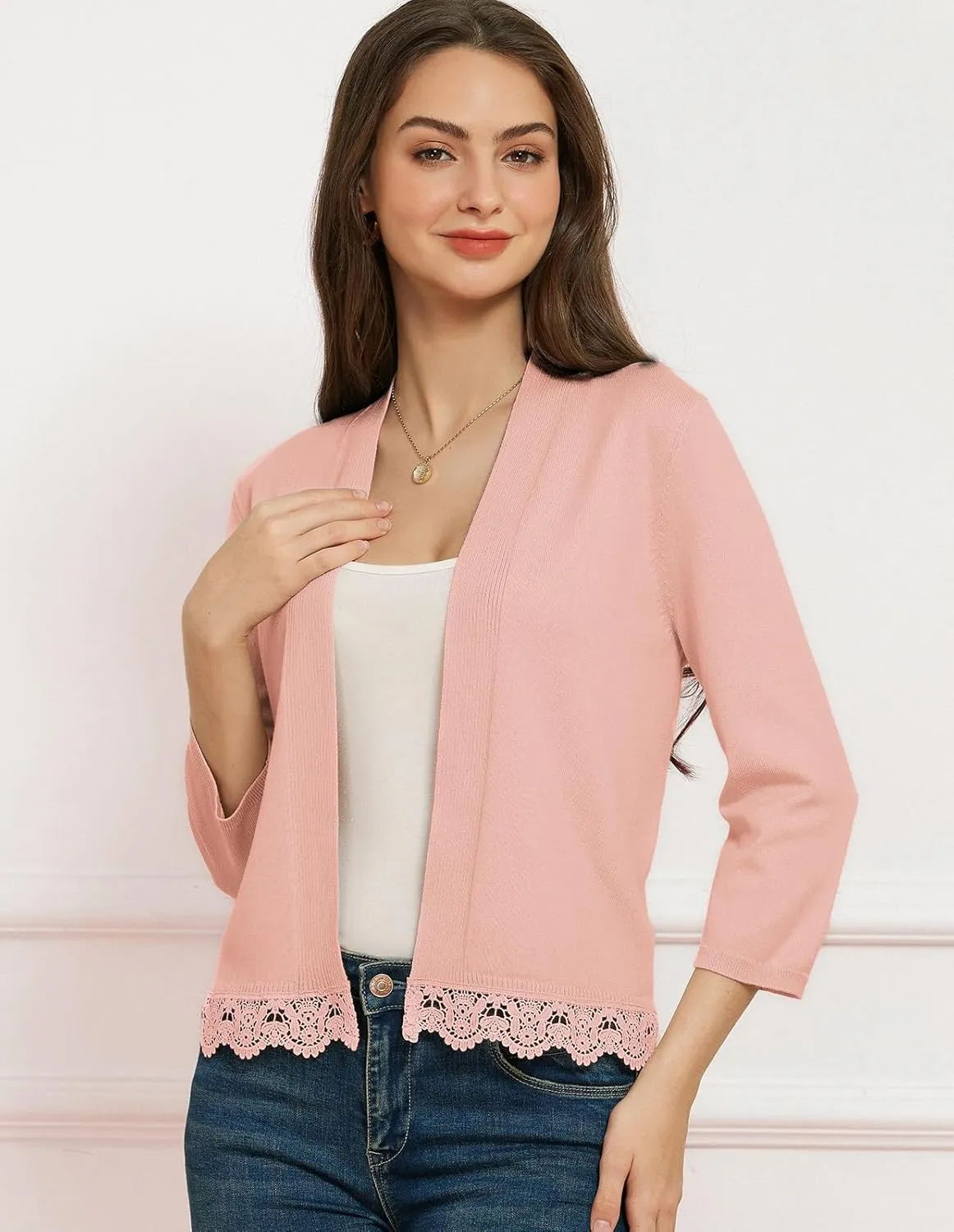 GRACE KARIN Women 3/4 Sleeve Cropped Cardigan Open Front V Neck Lace Lightweight Bolero Short Shrugs 2025 Summer