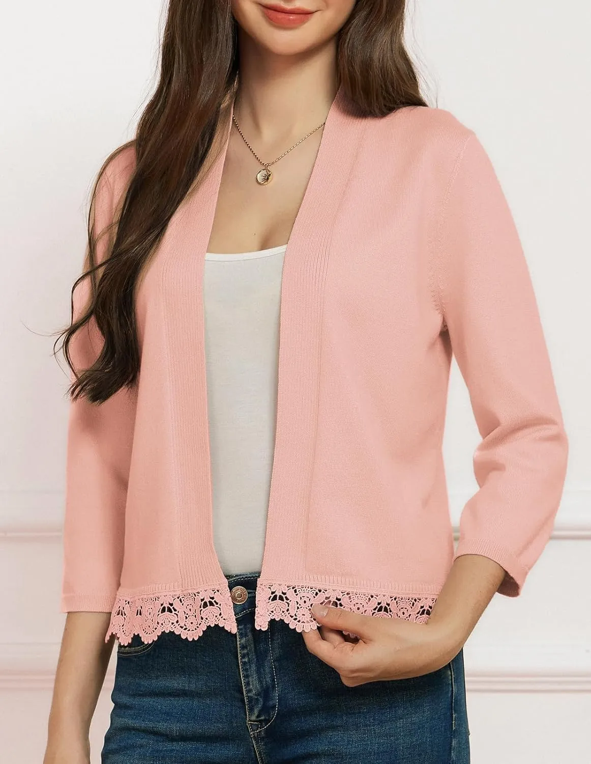 GRACE KARIN Women 3/4 Sleeve Cropped Cardigan Open Front V Neck Lace Lightweight Bolero Short Shrugs 2025 Summer