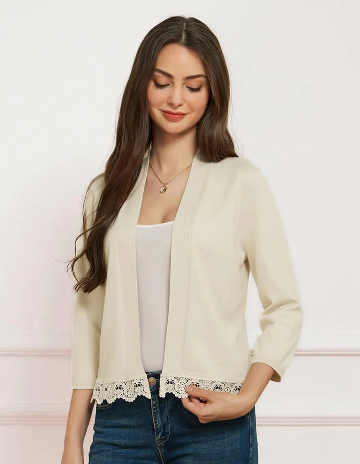 GRACE KARIN Women 3/4 Sleeve Cropped Cardigan Open Front V Neck Lace Lightweight Bolero Short Shrugs 2025 Summer