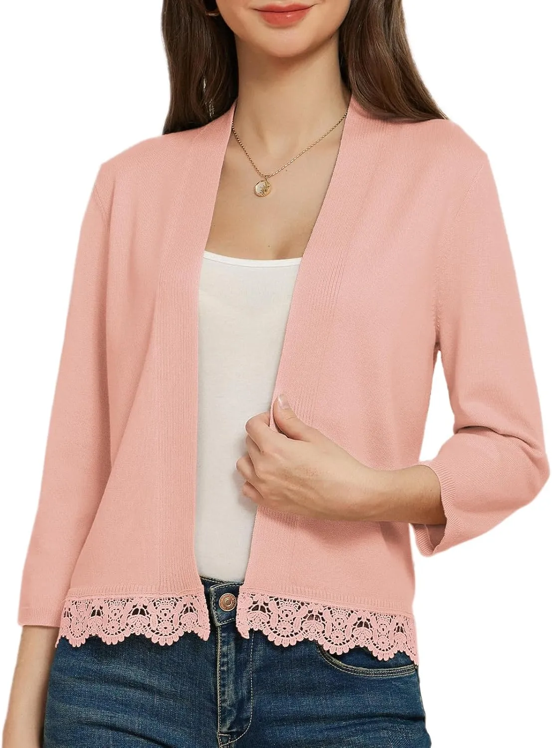GRACE KARIN Women 3/4 Sleeve Cropped Cardigan Open Front V Neck Lace Lightweight Bolero Short Shrugs 2025 Summer