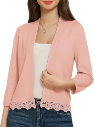 GRACE KARIN Women 3/4 Sleeve Cropped Cardigan Open Front V Neck Lace Lightweight Bolero Short Shrugs 2025 Summer