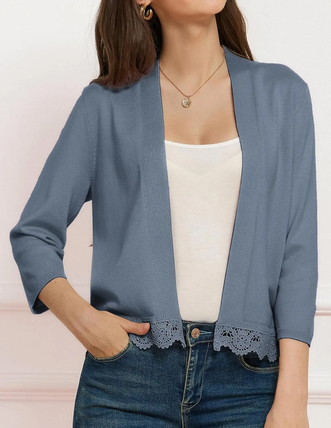 GRACE KARIN Women 3/4 Sleeve Cropped Cardigan Open Front V Neck Lace Lightweight Bolero Short Shrugs 2025 Summer