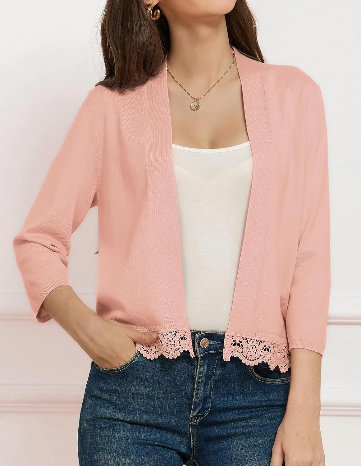 GRACE KARIN Women 3/4 Sleeve Cropped Cardigan Open Front V Neck Lace Lightweight Bolero Short Shrugs 2025 Summer