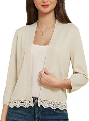 GRACE KARIN Women 3/4 Sleeve Cropped Cardigan Open Front V Neck Lace Lightweight Bolero Short Shrugs 2025 Summer