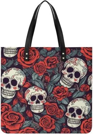 Handbags for WomenSugar Skulls And Red RosesTrendy Vegan Leather Hobo Handbags,Women's Soft Bucket Bag For Women - Ladies Handbags For Work, Travel, Casual Use,Birthday Gifts