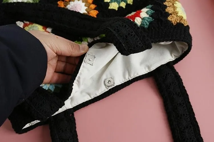 Handmade Purses and Handbags for Women, Crochet Shoulder Bags Woven Tote Large Bag, Weaving Hobo Handbag for Women and Girls, Black (Magnetic Buckle)