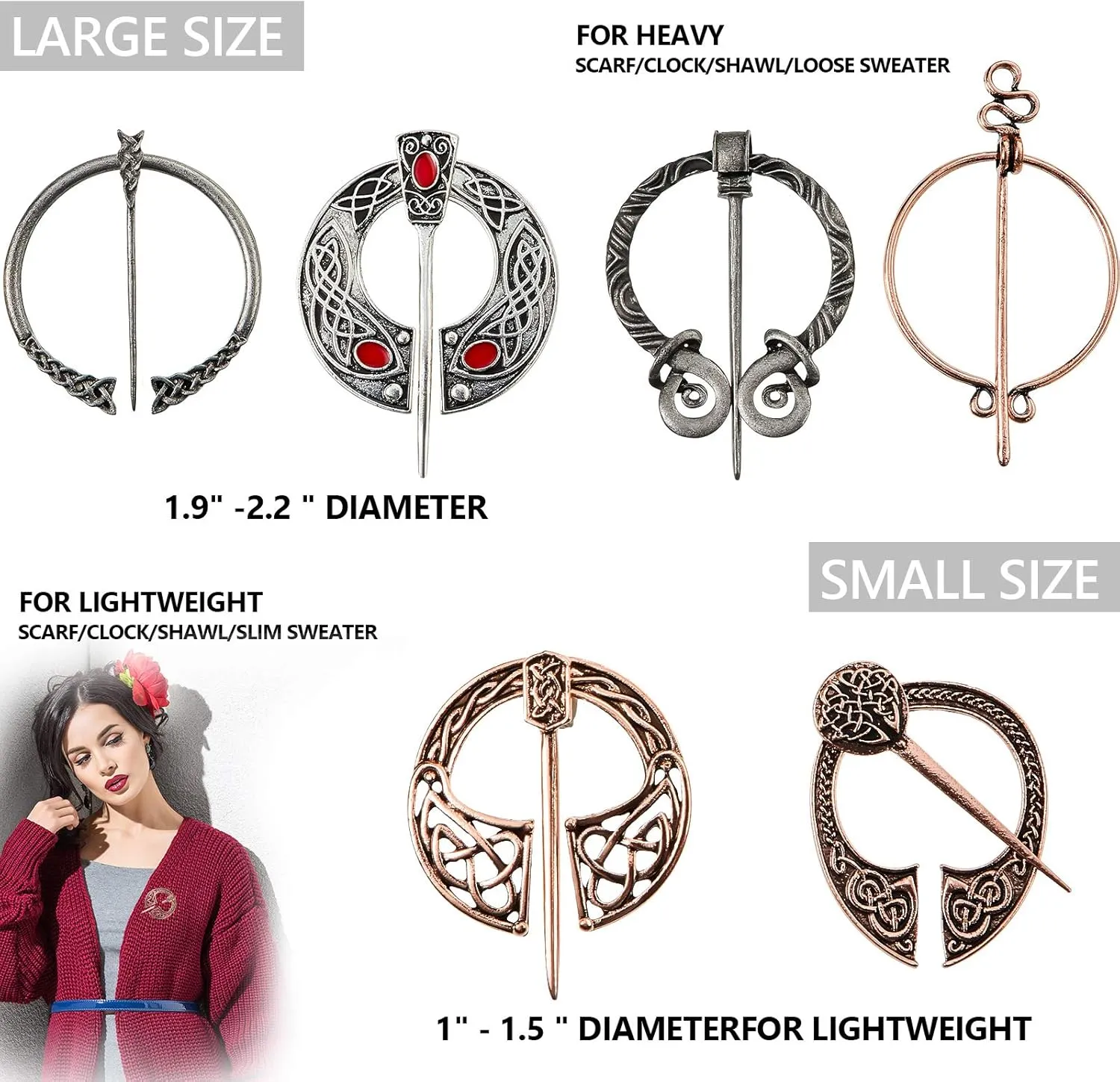 Hicarer 6 Pieces Vintage Viking Brooch Cloak Pin Scarf Shawl Buckle Clasp Pin Brooch Penannular for Costume Accessory, Antique Silver, Rose Gold