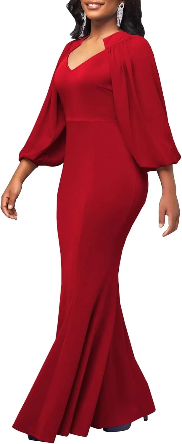 HugeNice Colorful Maxi Dresses for Women Sexy Long Sleeve Deep V Neck Bodycon Floor Length Dress