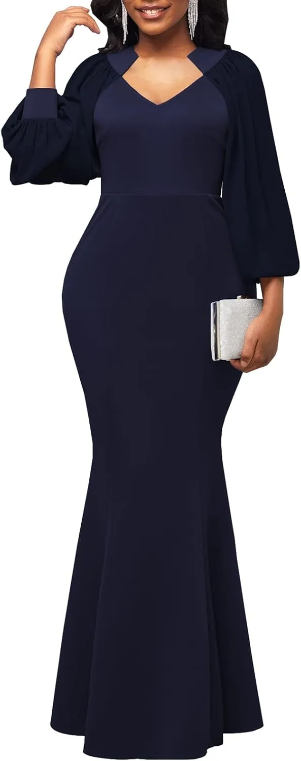 HugeNice Colorful Maxi Dresses for Women Sexy Long Sleeve Deep V Neck Bodycon Floor Length Dress
