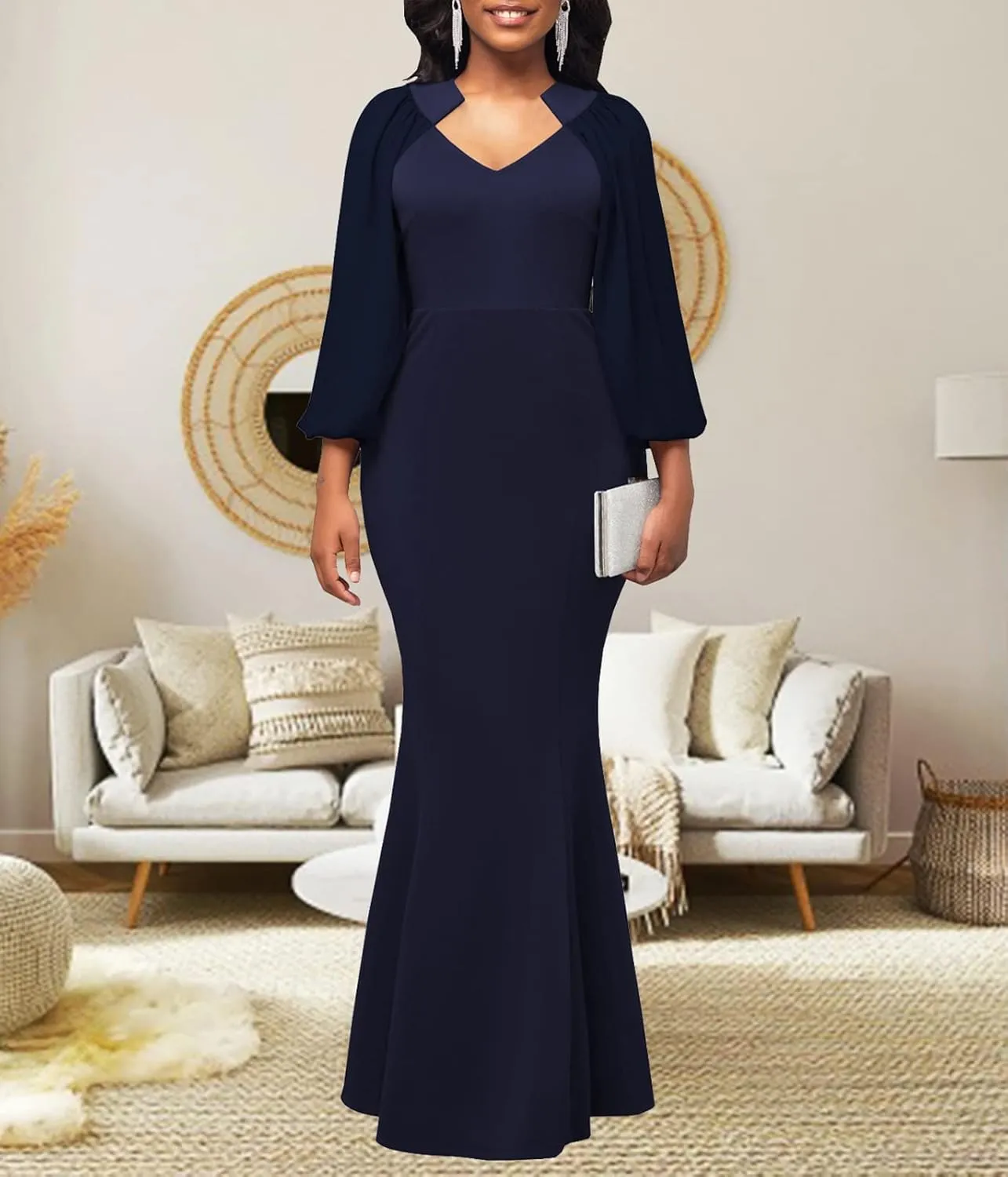HugeNice Colorful Maxi Dresses for Women Sexy Long Sleeve Deep V Neck Bodycon Floor Length Dress