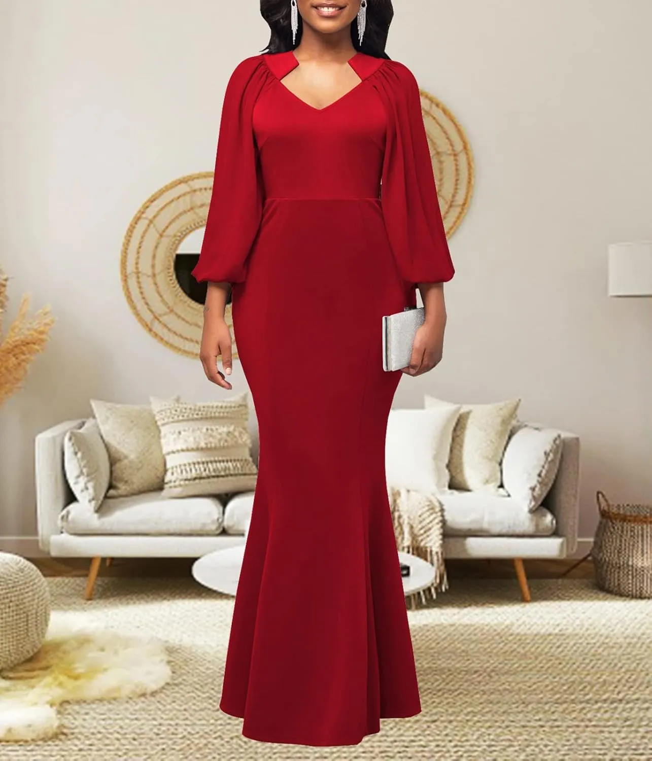 HugeNice Colorful Maxi Dresses for Women Sexy Long Sleeve Deep V Neck Bodycon Floor Length Dress