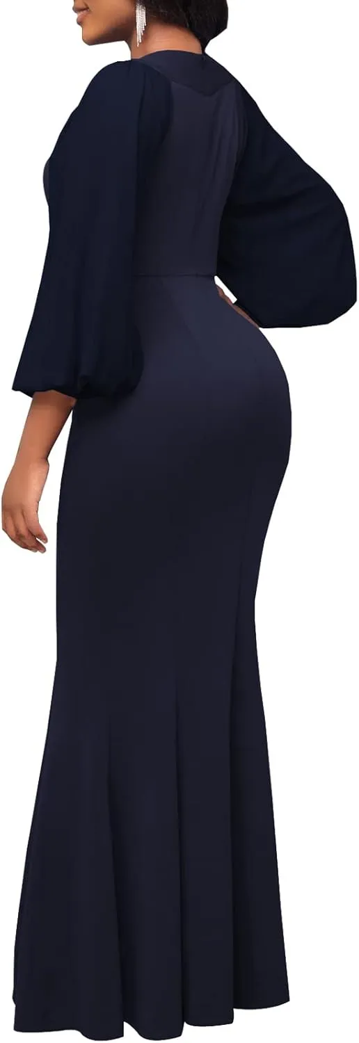 HugeNice Colorful Maxi Dresses for Women Sexy Long Sleeve Deep V Neck Bodycon Floor Length Dress
