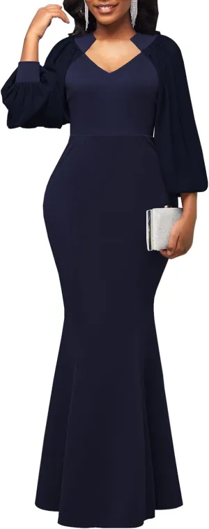HugeNice Colorful Maxi Dresses for Women Sexy Long Sleeve Deep V Neck Bodycon Floor Length Dress