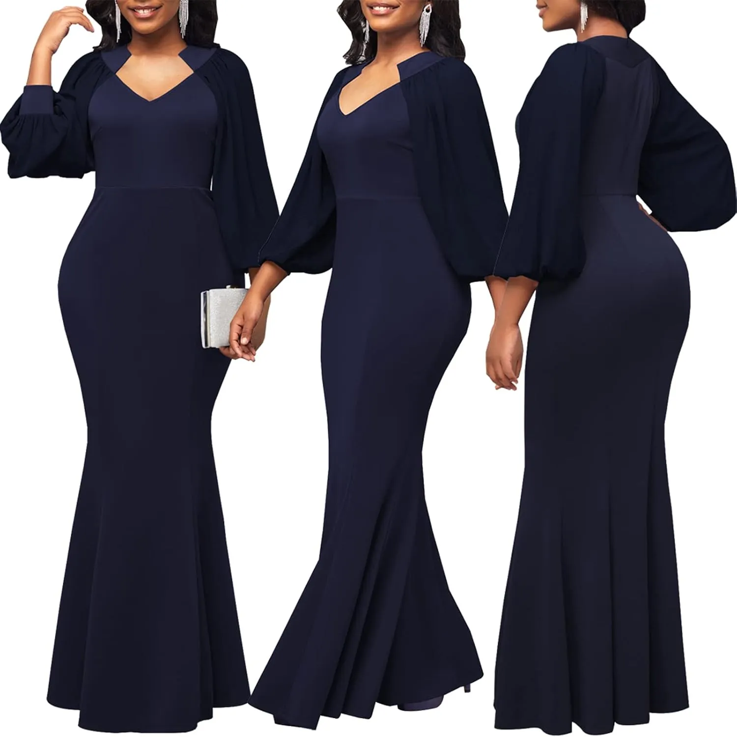 HugeNice Colorful Maxi Dresses for Women Sexy Long Sleeve Deep V Neck Bodycon Floor Length Dress