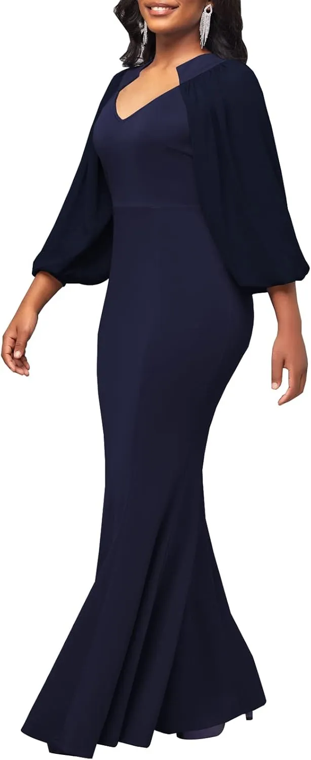 HugeNice Colorful Maxi Dresses for Women Sexy Long Sleeve Deep V Neck Bodycon Floor Length Dress