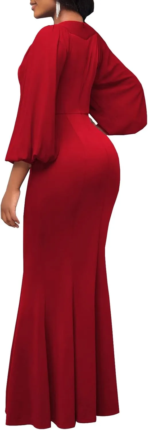 HugeNice Colorful Maxi Dresses for Women Sexy Long Sleeve Deep V Neck Bodycon Floor Length Dress