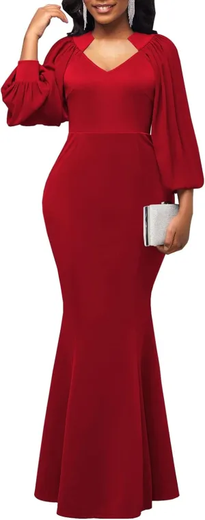 HugeNice Colorful Maxi Dresses for Women Sexy Long Sleeve Deep V Neck Bodycon Floor Length Dress