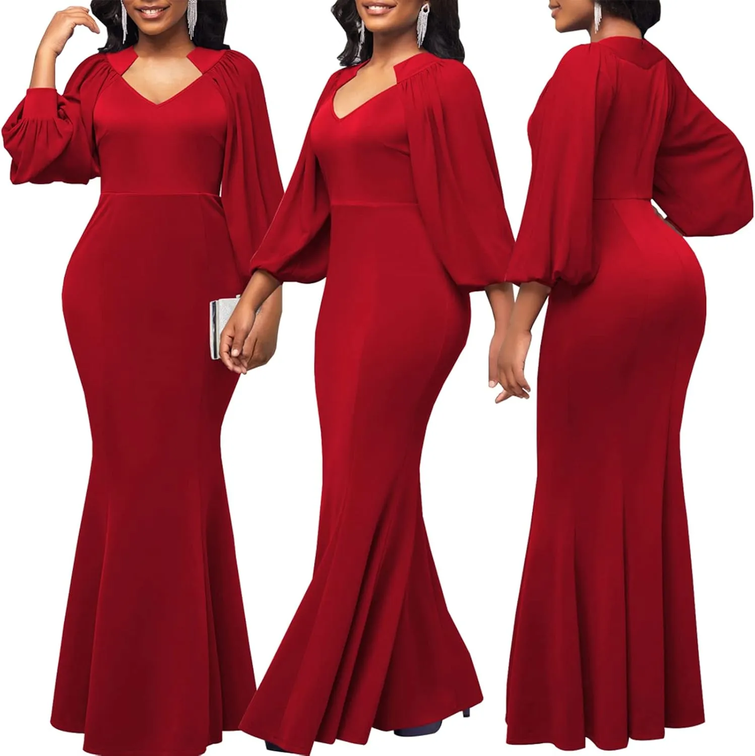 HugeNice Colorful Maxi Dresses for Women Sexy Long Sleeve Deep V Neck Bodycon Floor Length Dress