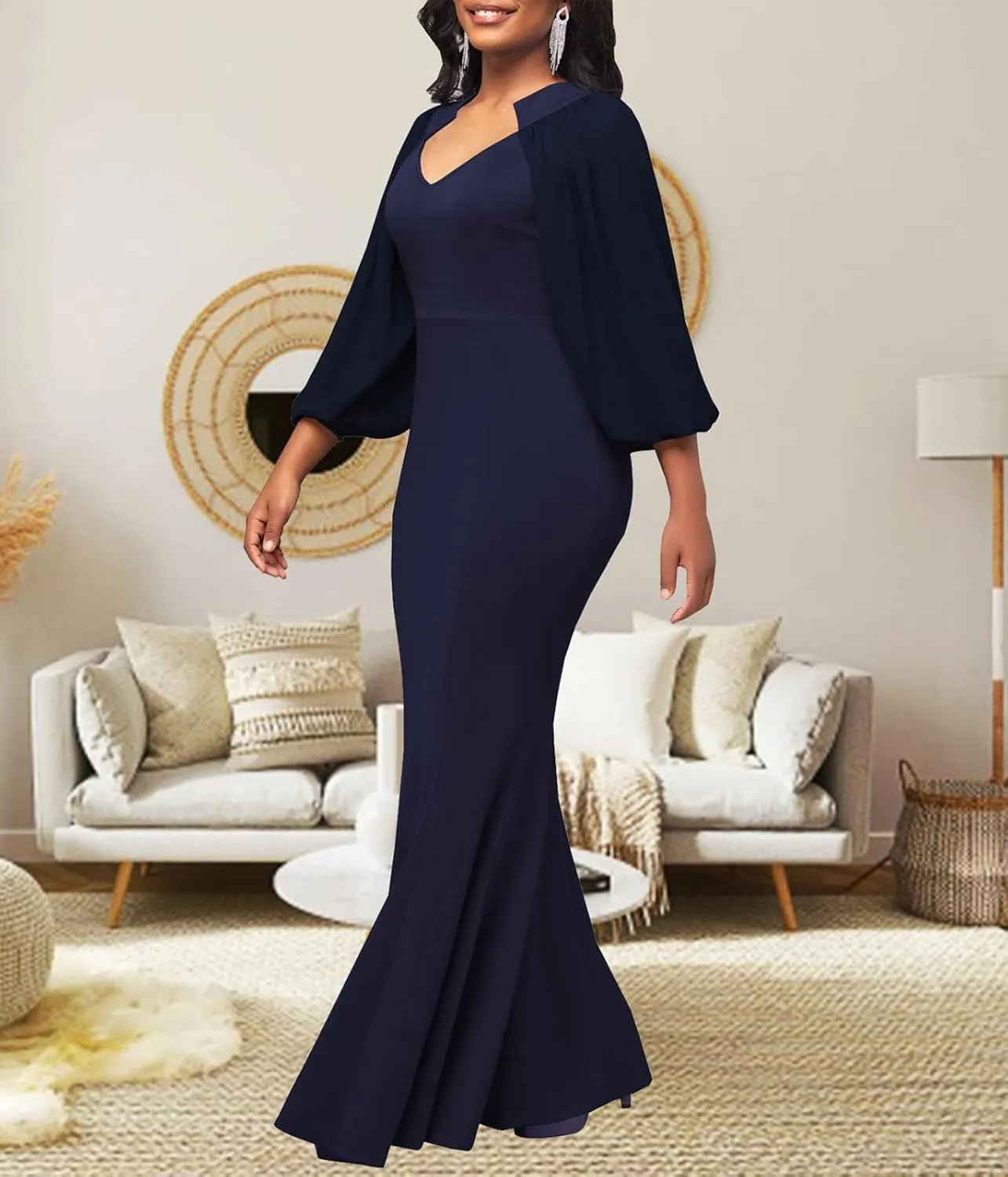 HugeNice Colorful Maxi Dresses for Women Sexy Long Sleeve Deep V Neck Bodycon Floor Length Dress