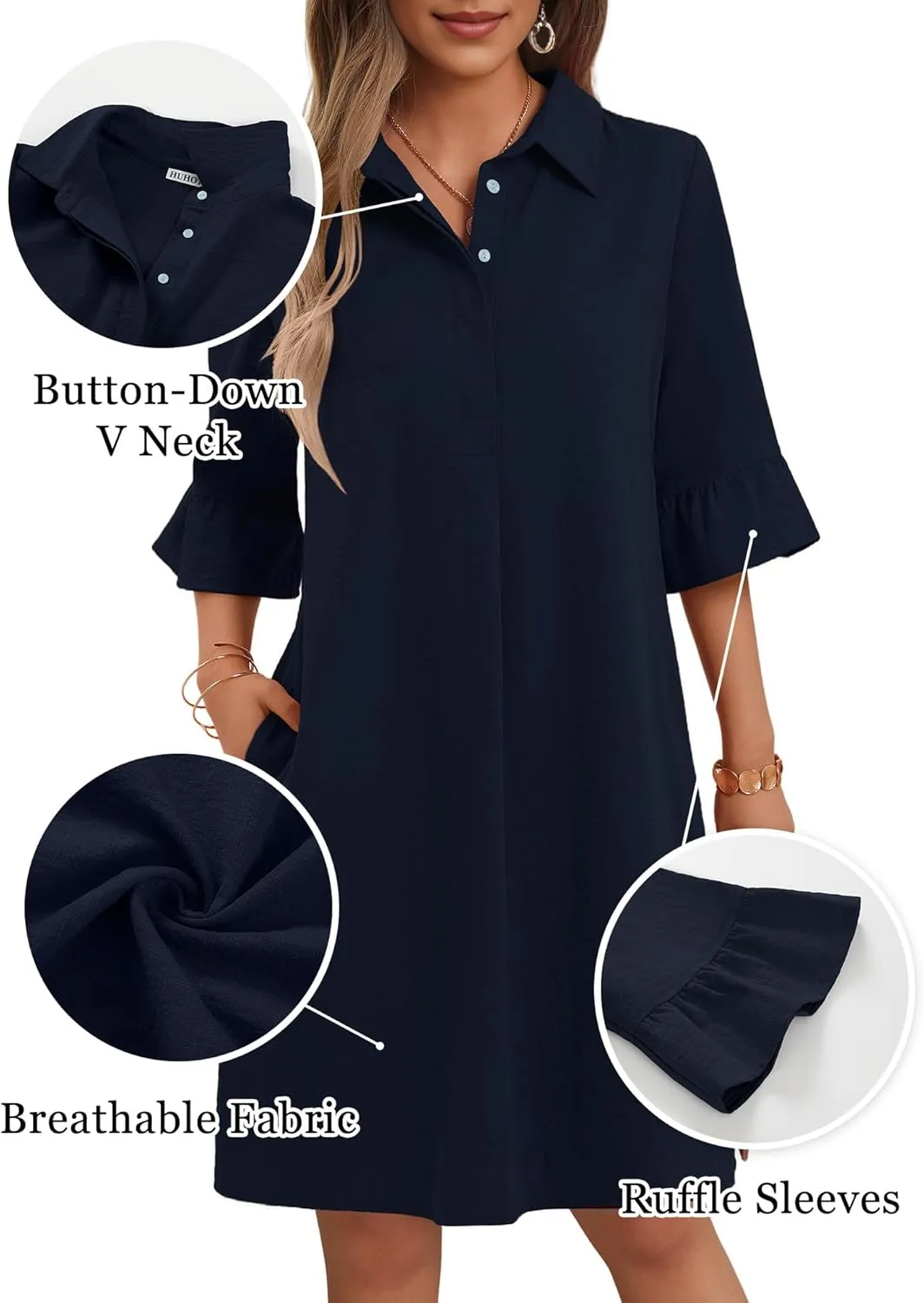 HUHOT Womens Casual Shirt Dress Business Work Ruffle Sleeve Button Down Solid Color Summer Dress with Pockets