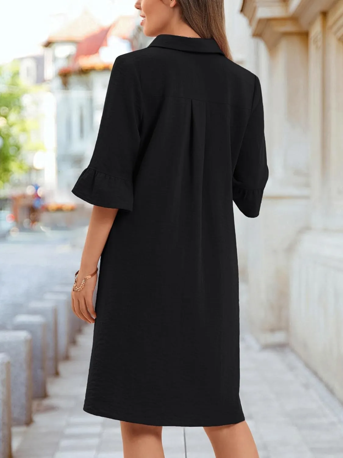 HUHOT Womens Casual Shirt Dress Business Work Ruffle Sleeve Button Down Solid Color Summer Dress with Pockets