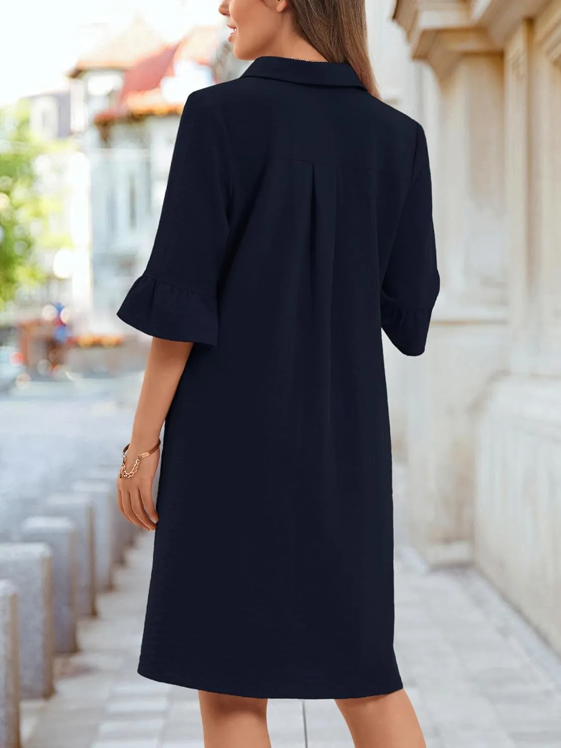HUHOT Womens Casual Shirt Dress Business Work Ruffle Sleeve Button Down Solid Color Summer Dress with Pockets
