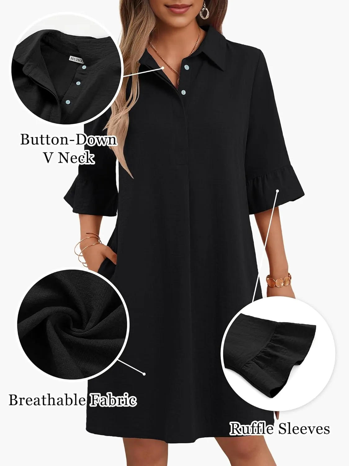 HUHOT Womens Casual Shirt Dress Business Work Ruffle Sleeve Button Down Solid Color Summer Dress with Pockets